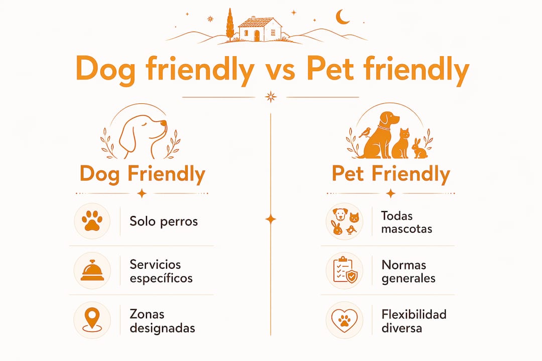 Infografía que muestra las diferencias entre alojamientos que aceptan perros y aquellos que admiten mascotas en general.