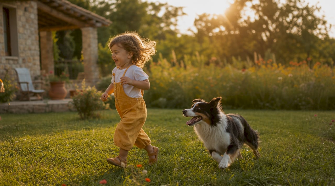 En el patio cerrado, un niño y su perro se divierten jugando juntos.