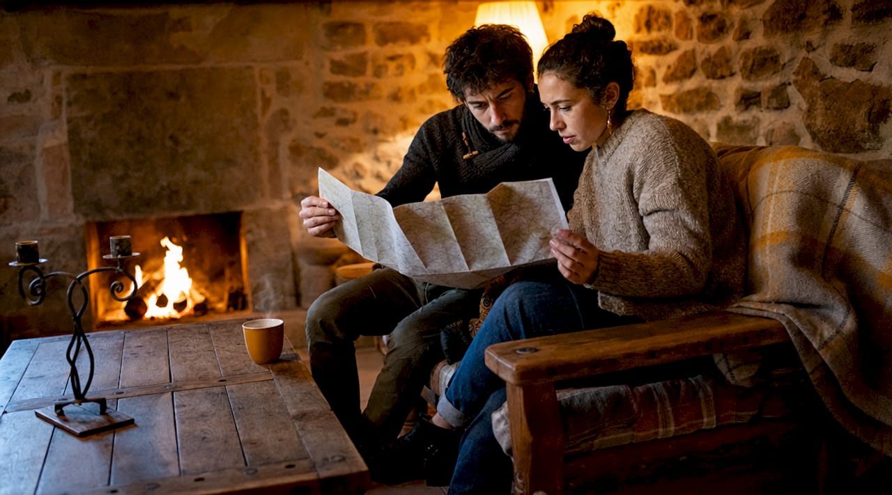Pareja disfrutando de una tarde junto a la chimenea en un acogedor alojamiento rural