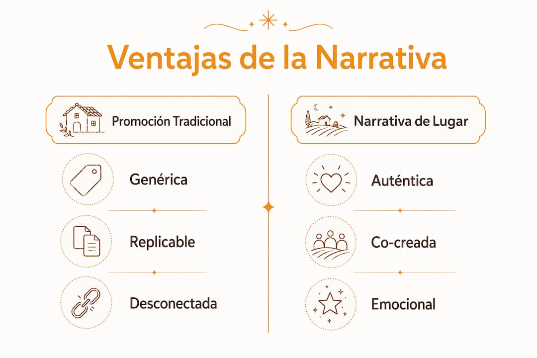 Infografía que muestra las diferencias entre la promoción turística convencional y la narrativa de lugar en el turismo rural