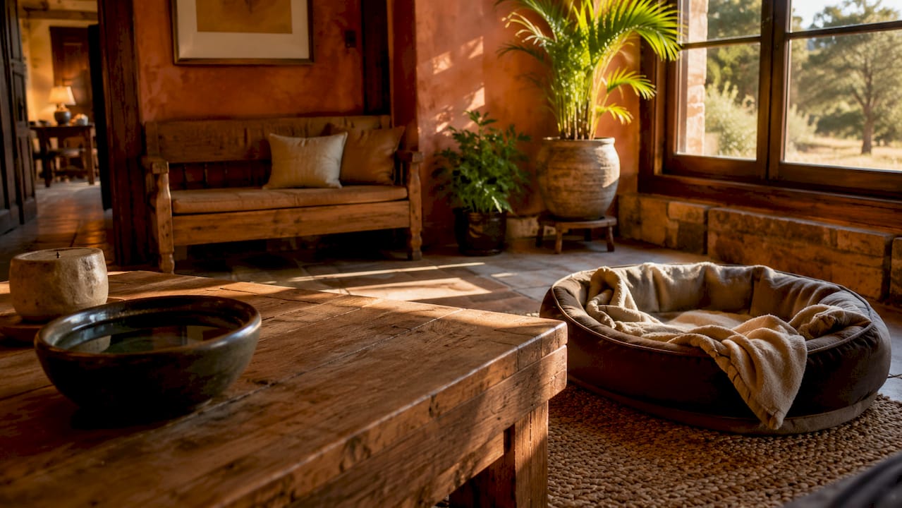 Zona interior de hotel rural con comodidades pensadas para quienes viajan con su perro