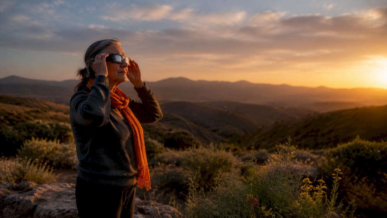 Una mujer contempla el eclipse al atardecer en medio del campo, protegida con sus gafas especiales.