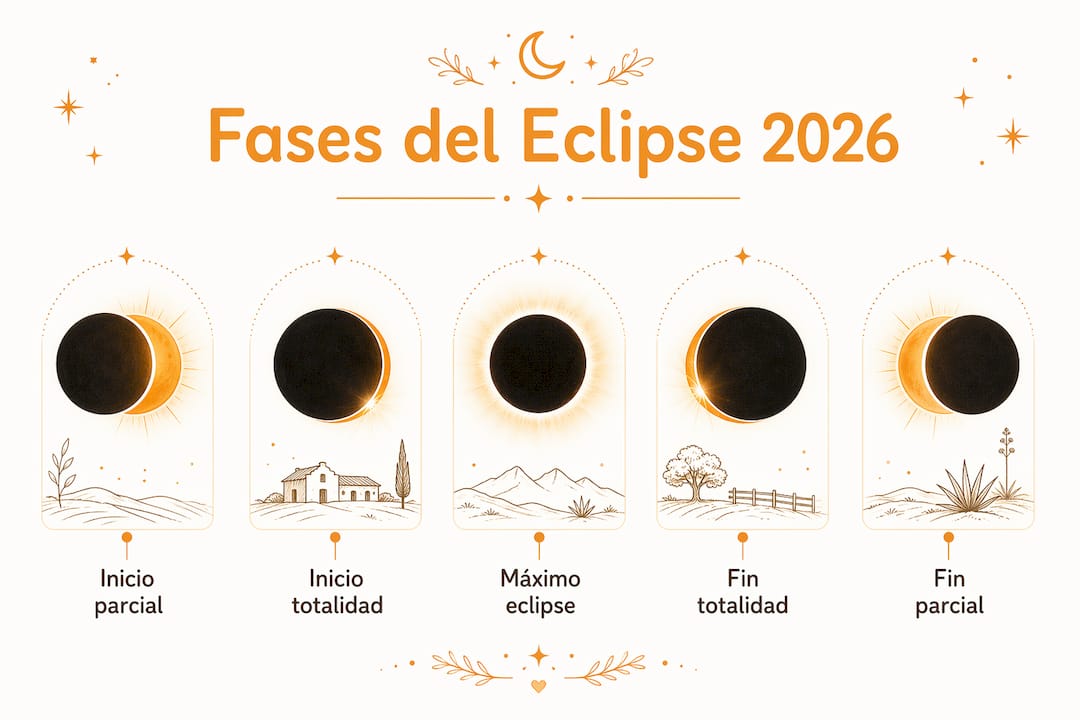 Infografía con las etapas y los horarios del eclipse total de 2026