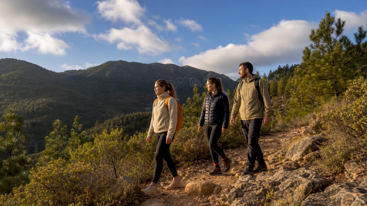 Un grupo de personas recorre un sendero en plena montaña, disfrutando de la aventura y el paisaje.