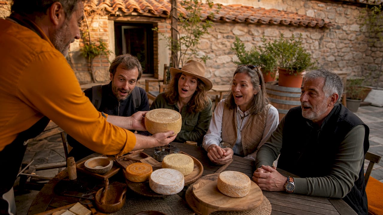 Un productor de la zona enseña a los visitantes rurales cómo se elabora el queso artesanal.