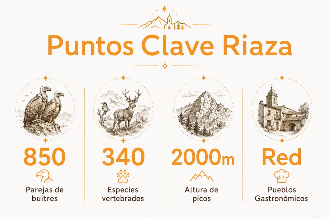 Infografía sobre los lugares imprescindibles de Riaza: naturaleza, gastronomía y rincones con encanto.