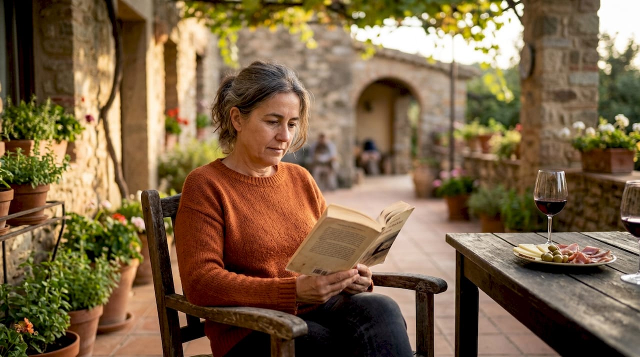 Un huésped disfruta de la lectura de una historia auténtica en una acogedora posada rural con encanto.