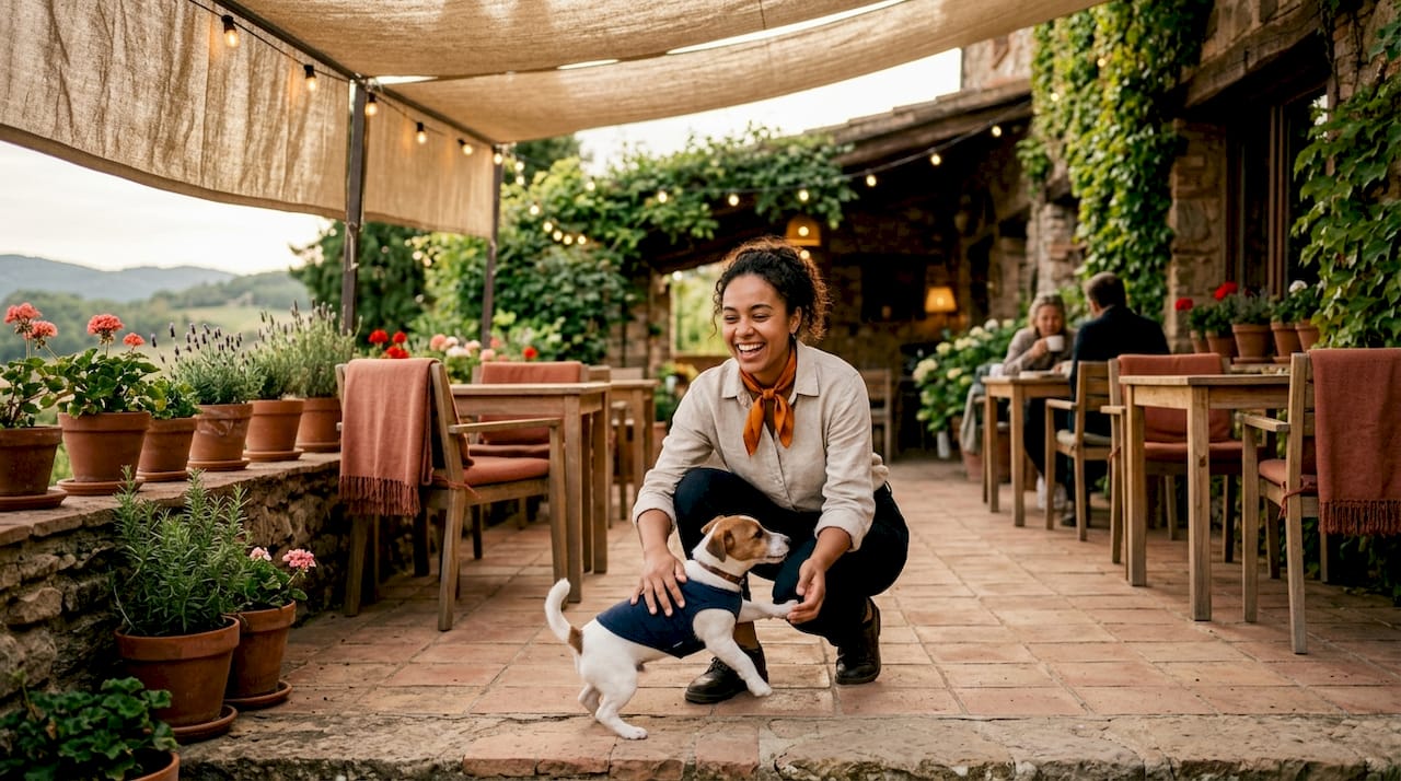 La recepcionista del hotel conversa con un huésped y su perro.