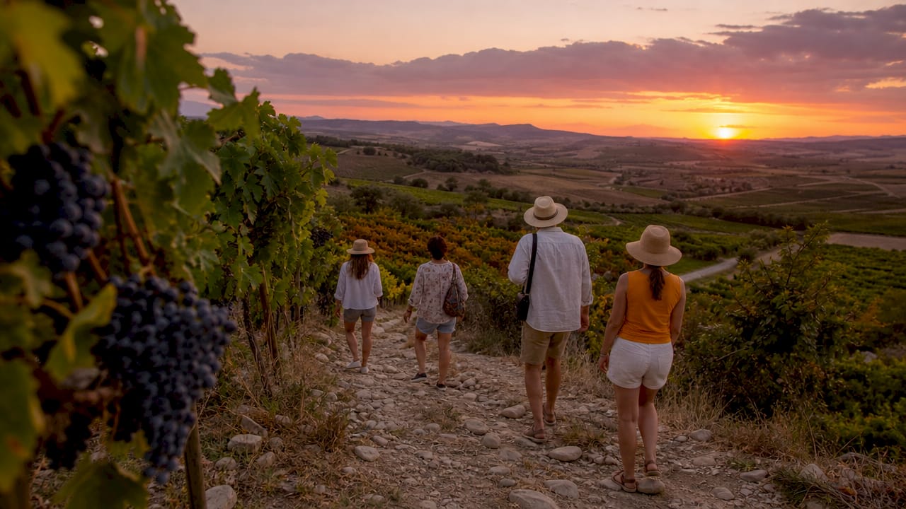 Un grupo de turistas recorre un sendero rural al amanecer, disfrutando de la tranquilidad de la naturaleza.