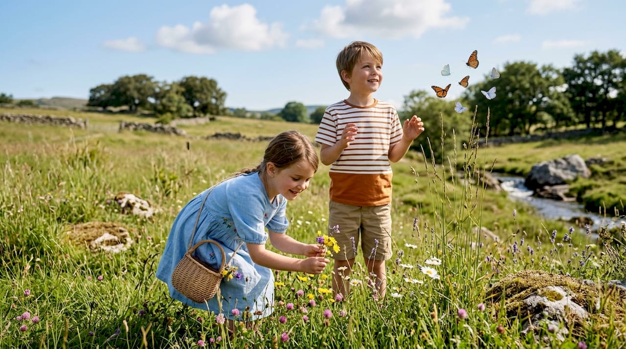 Un grupo de niños disfruta de la aventura mientras juega y descubre los rincones de un bosque en plena naturaleza.