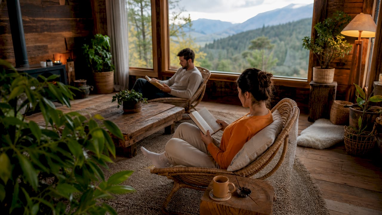 Dormitorio de estilo rústico con toques modernos, donde la calidez de la luz natural crea un ambiente acogedor.