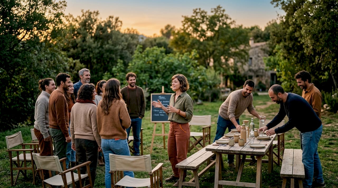 Grupo organizando una estancia privada en una finca rural