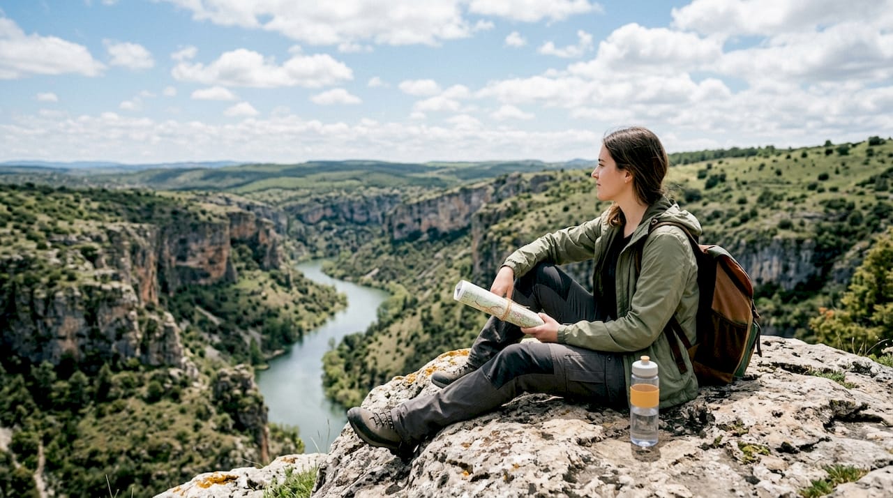 Una mujer hace una pausa para relajarse durante su excursión por las Hoces del Río Riaza.
