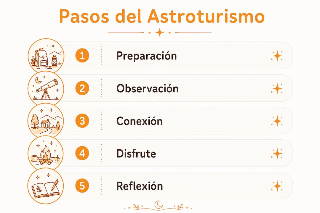 Infografía con los pasos imprescindibles para vivir una experiencia de astroturismo en pareja