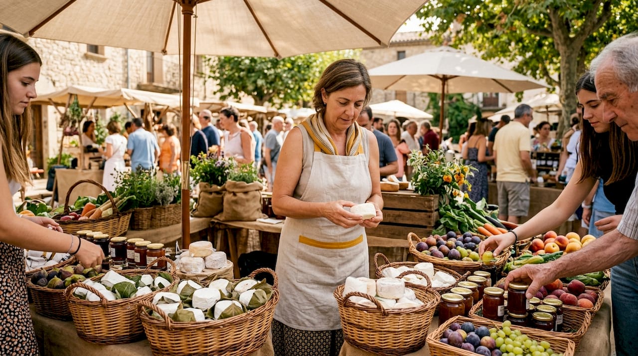 Puesto típico de pueblo con frutas y verduras recién cosechadas y gente del lugar haciendo sus compras