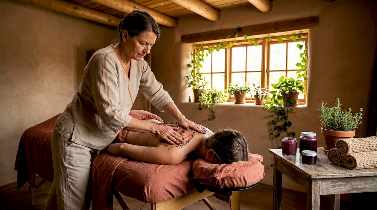 Especialista en bienestar realizando un tratamiento de exfoliación con vinoterapia en un spa rural