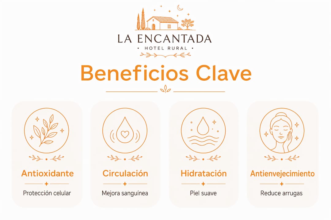 Infografía destacando los principales beneficios de la vinoterapia para cuidar y mejorar la salud de la piel.