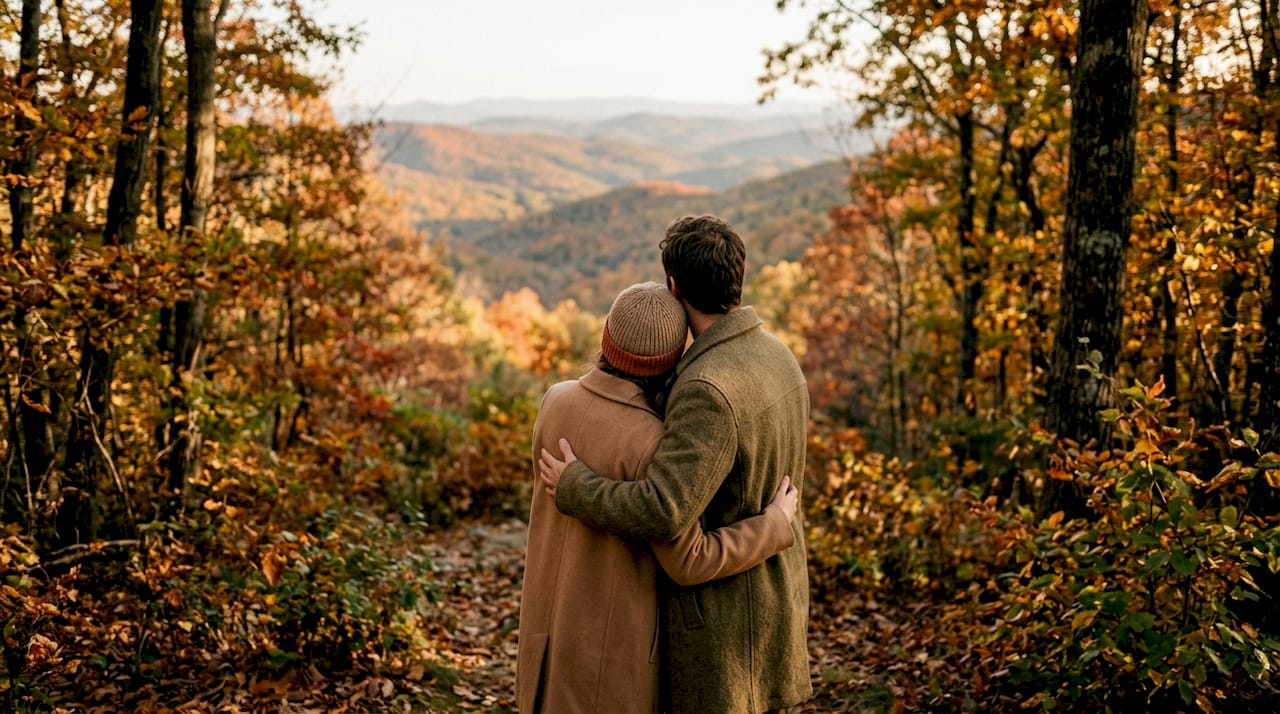 Una pareja pasea por un camino rural rodeado de los colores del otoño.