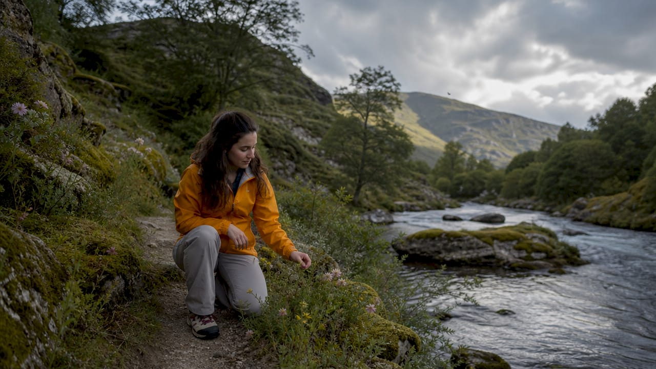 Mujer relajándose y disfrutando de la brisa de la sierra junto al río en Riaza
