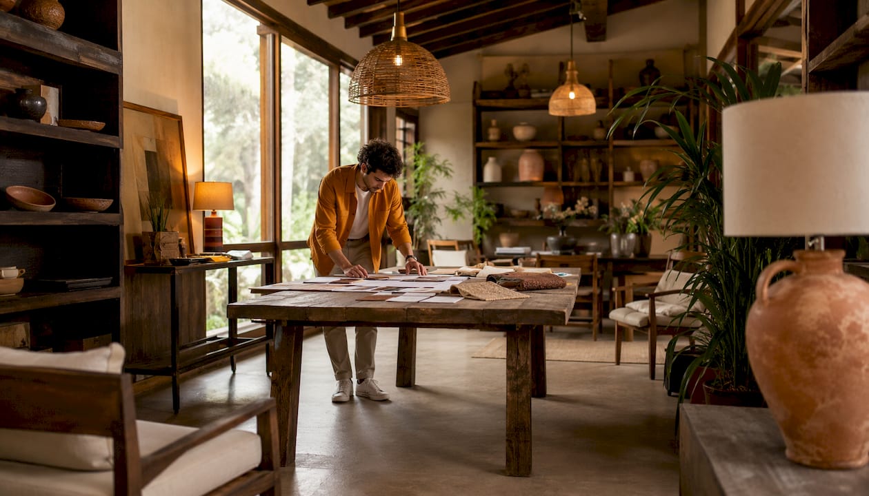 Arquitecto revisando los planos en un hotel rural con encanto