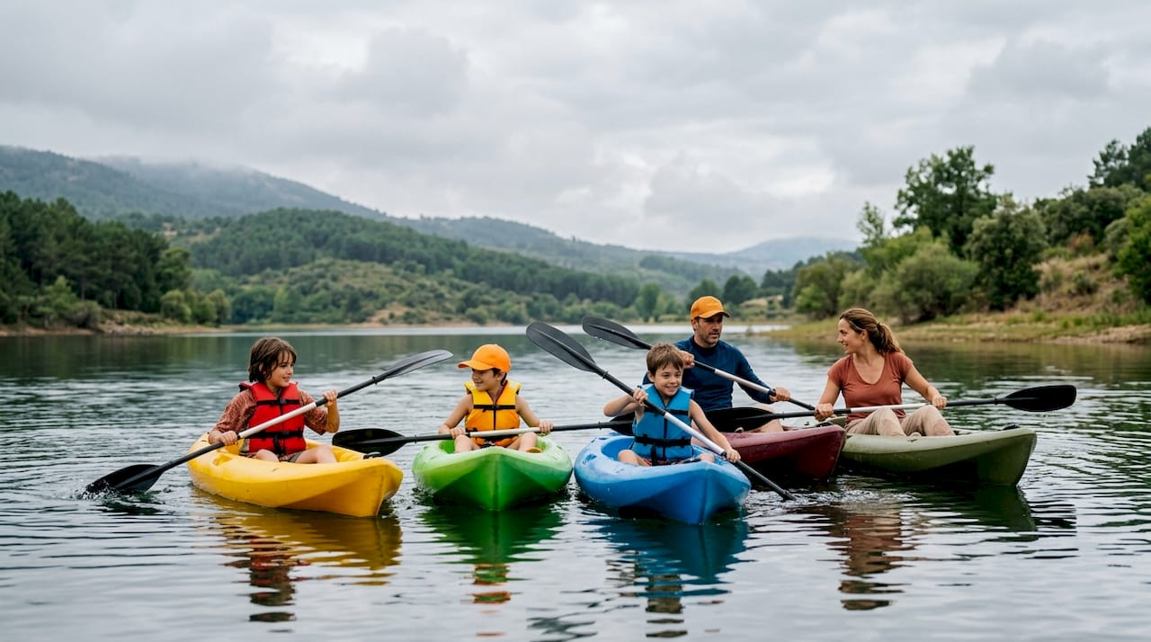 Una familia disfruta de una jornada de kayak en el embalse de Linares.