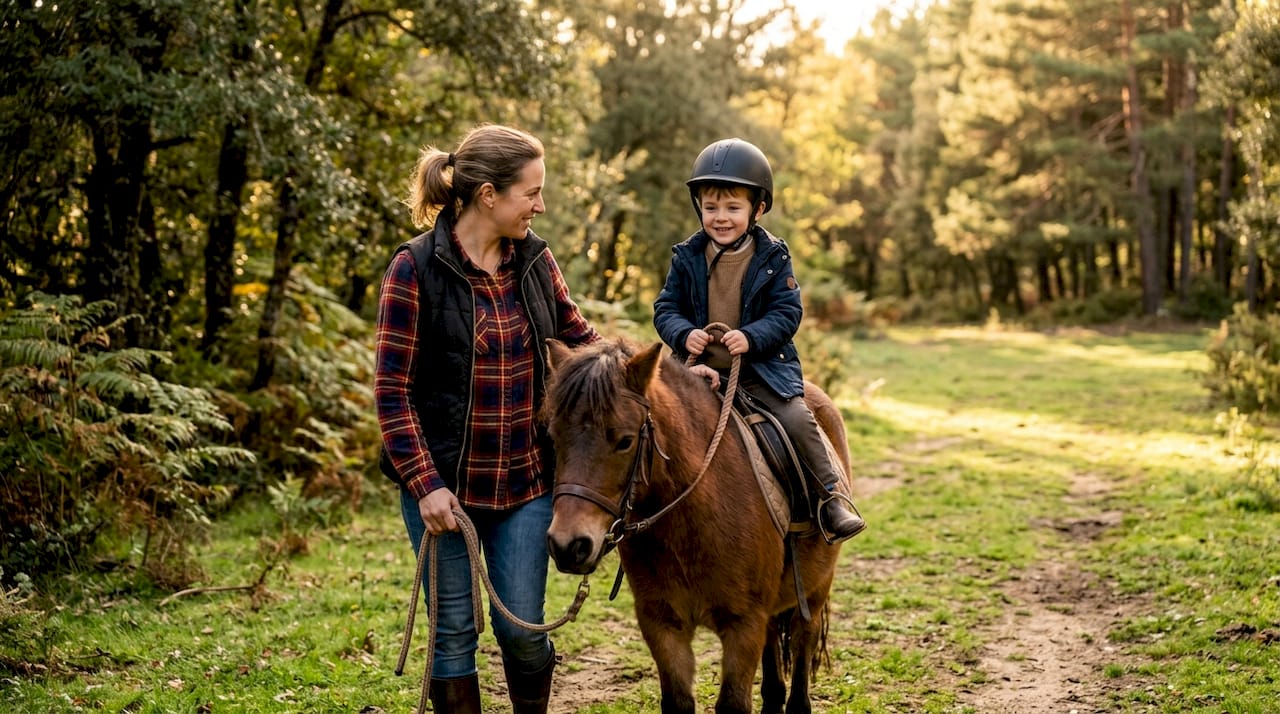 Un niño disfruta de un paseo en pony acompañado por un monitor en un centro ecuestre.