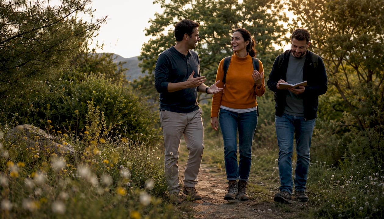 Un grupo de personas disfruta de una caminata por un sendero en plena naturaleza durante un retiro rural.