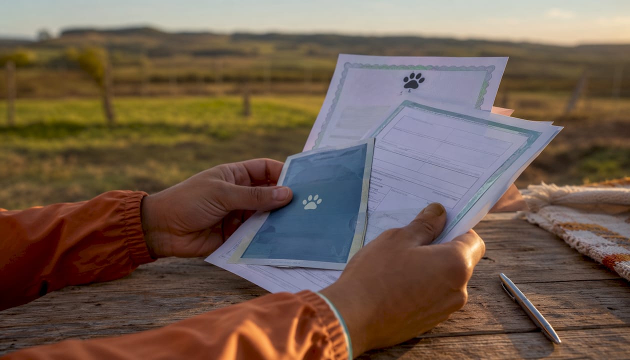 Manos sosteniendo certificados de salud para viajar con mascotas