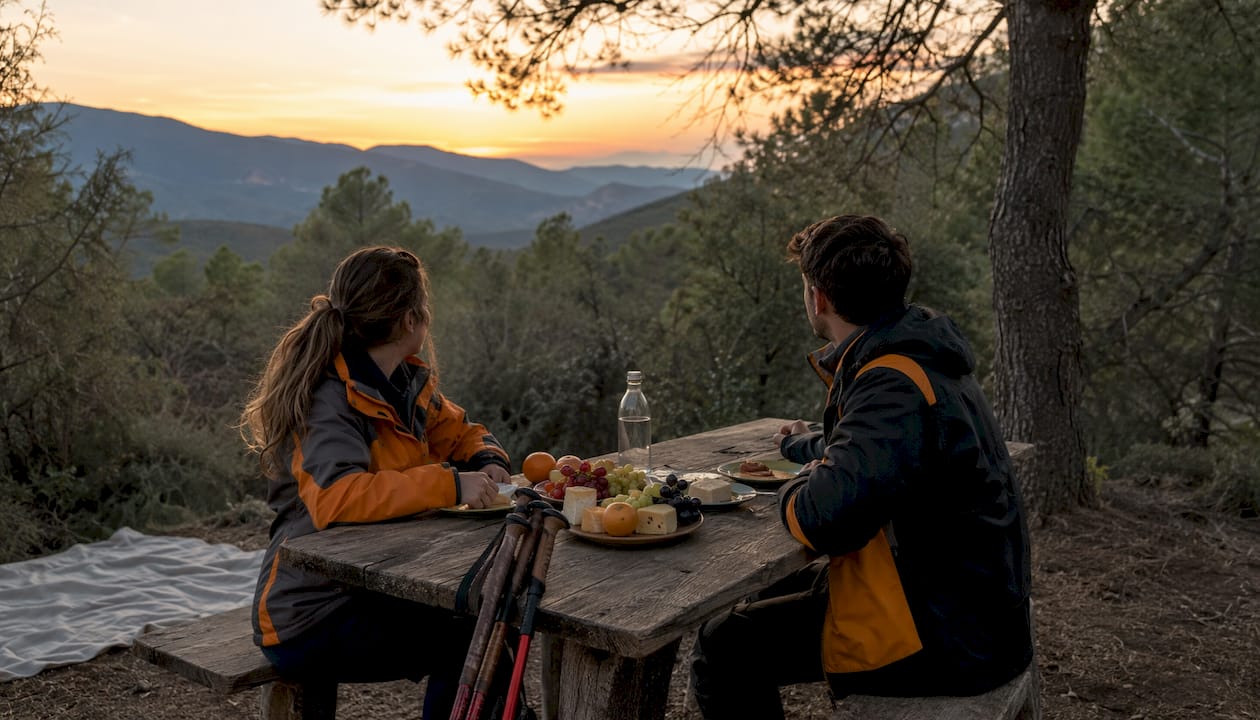 Una pareja disfruta de una buena comida después de una jornada de senderismo.