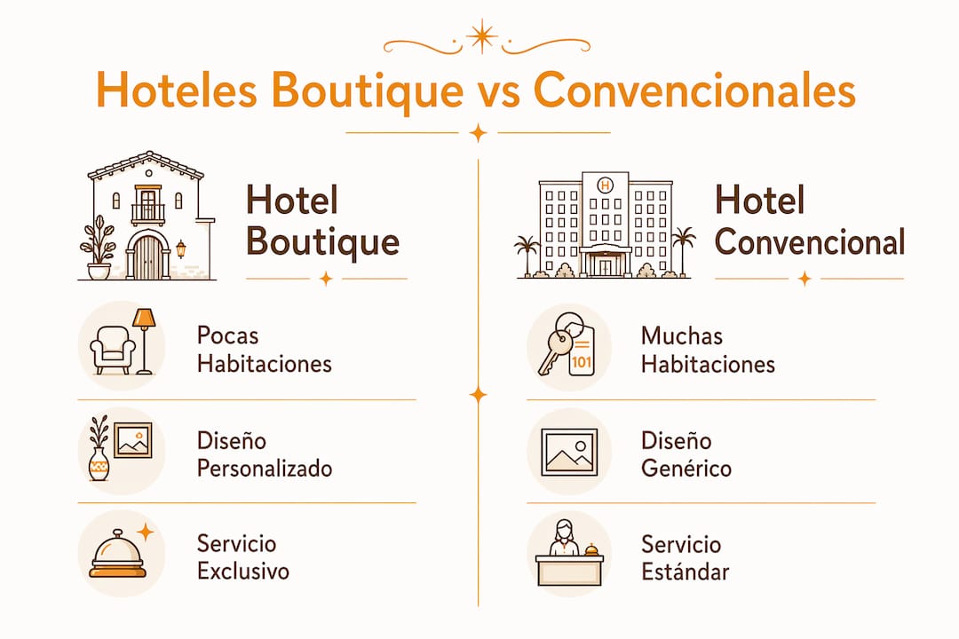 Infografía que muestra las diferencias entre hoteles boutique y hoteles tradicionales