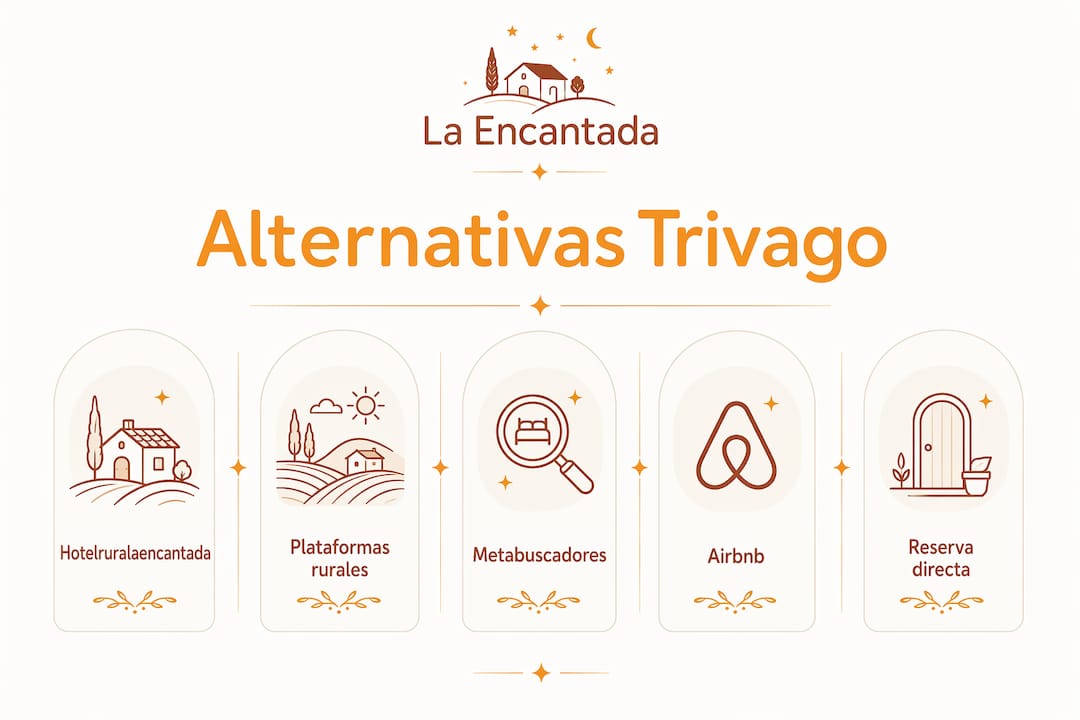 Infografía con opciones alternativas a Trivago para encontrar alojamientos rurales con encanto