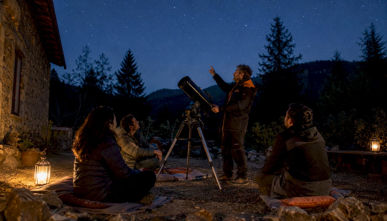 Guía llevando a un grupo a observar las estrellas por la noche