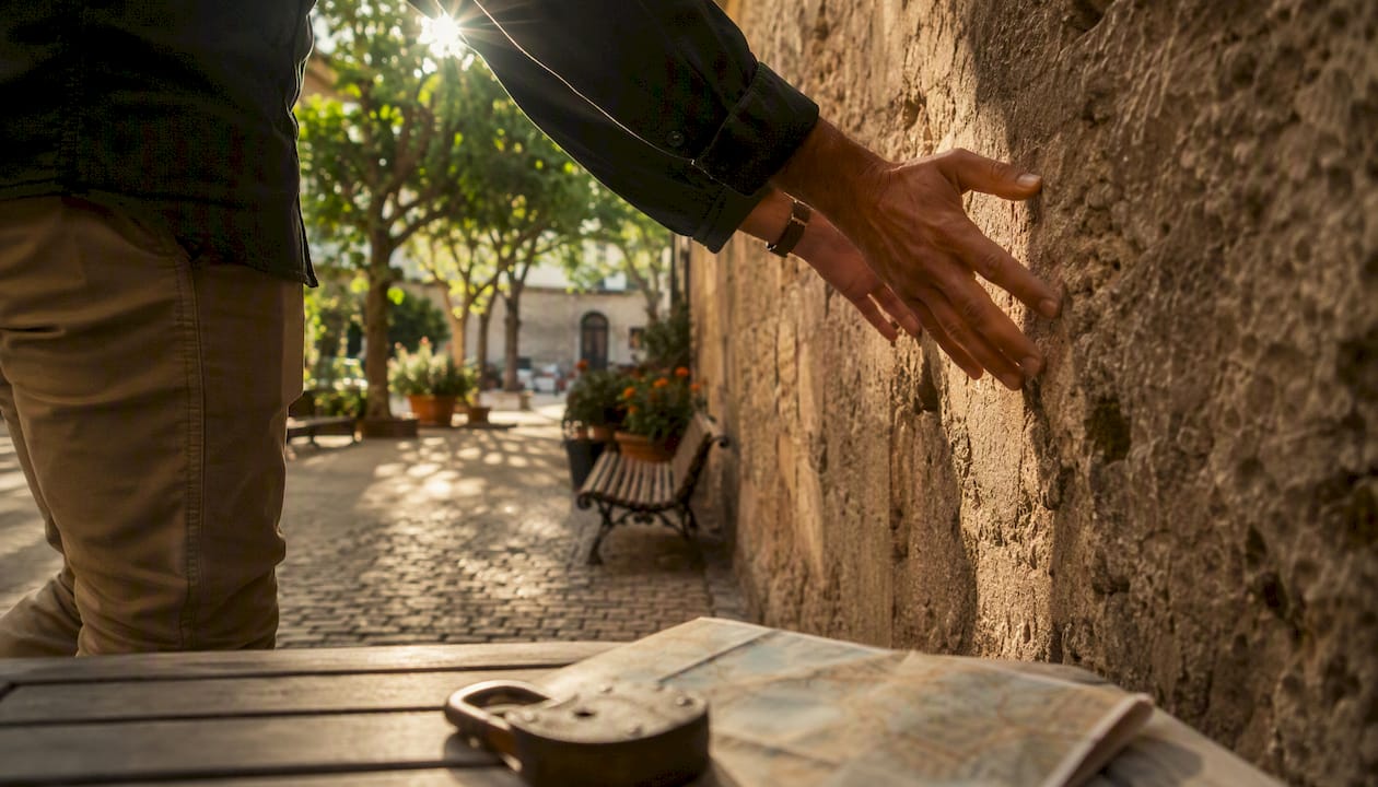 Manos acariciando una vieja pared en pleno corazón del casco antiguo de Cádiz