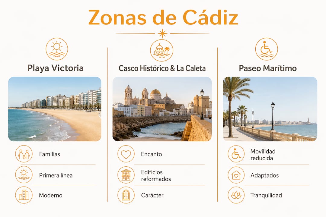 Comparativa visual de las mejores zonas para vivir en un piso en Cádiz