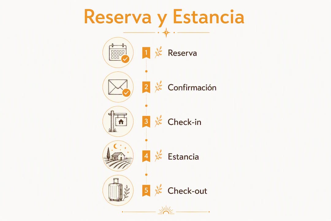 Guía visual con los pasos clave para reservar y aprovechar al máximo tu estancia en una posada