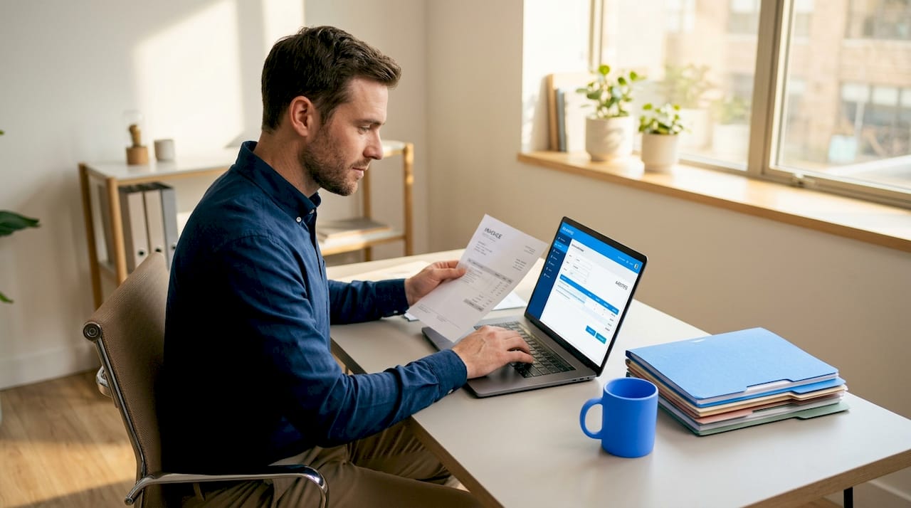 Accounts clerk enters invoice data by hand