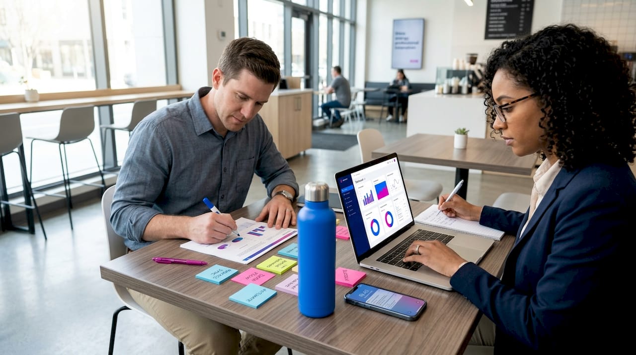 Colleagues process printed forms in shared workspace
