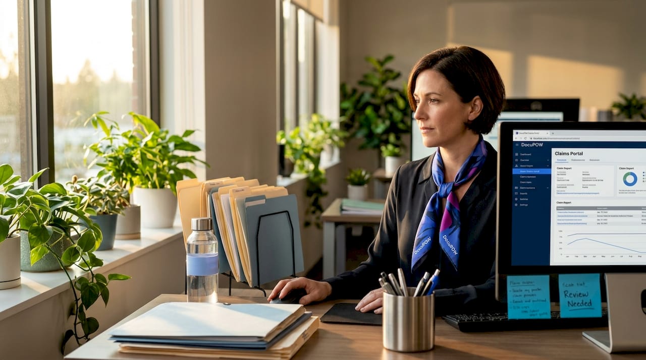 Insurance professional reviewing document automation results