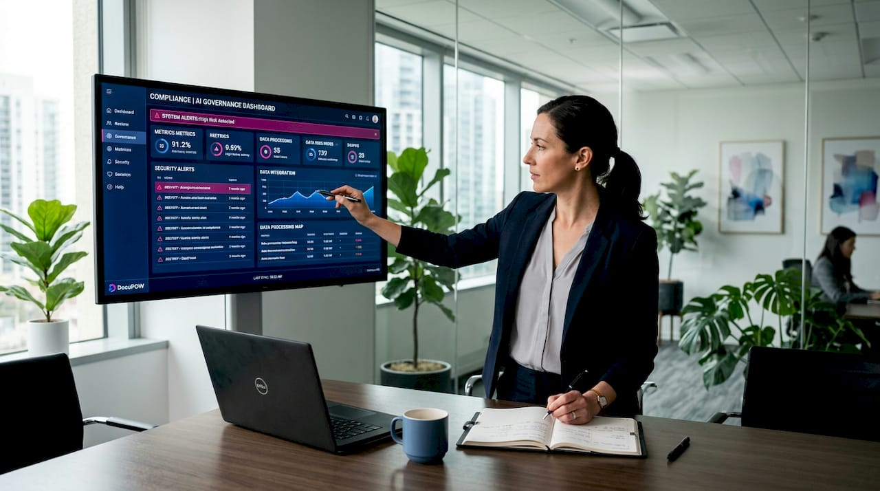 Security analyst reviewing AI compliance data