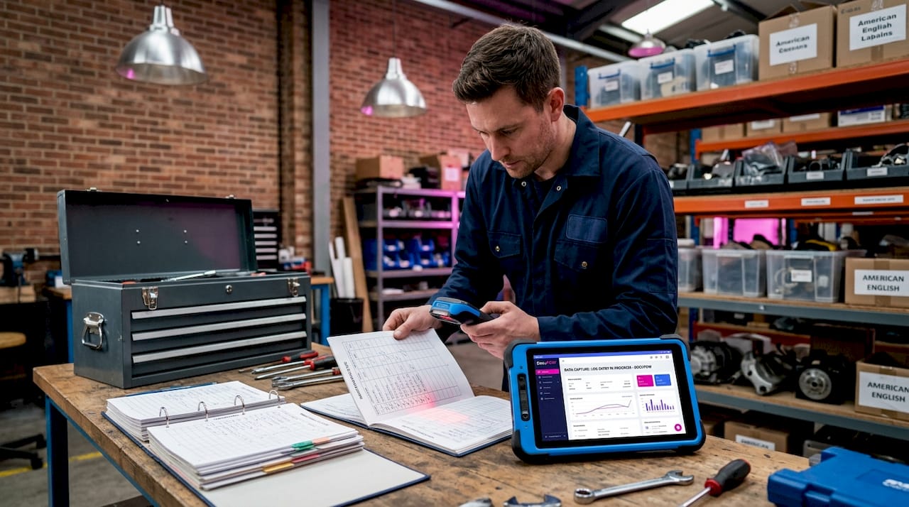 Engineer digitizing maintenance log in plant