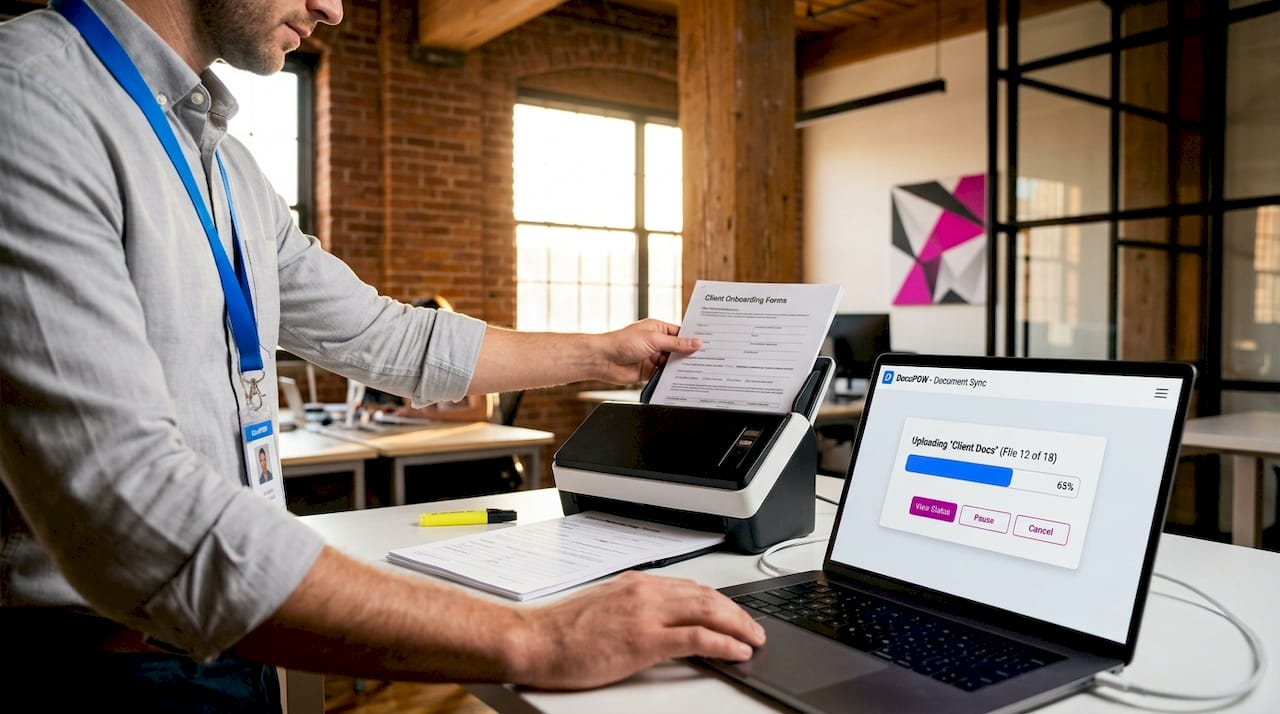 Office worker scanning documents for automation