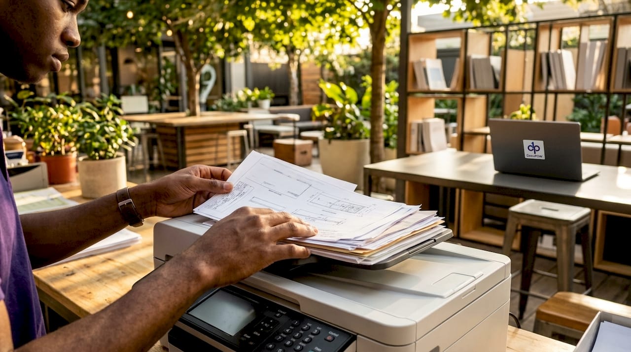 Hands scanning manufacturing documents at workstation