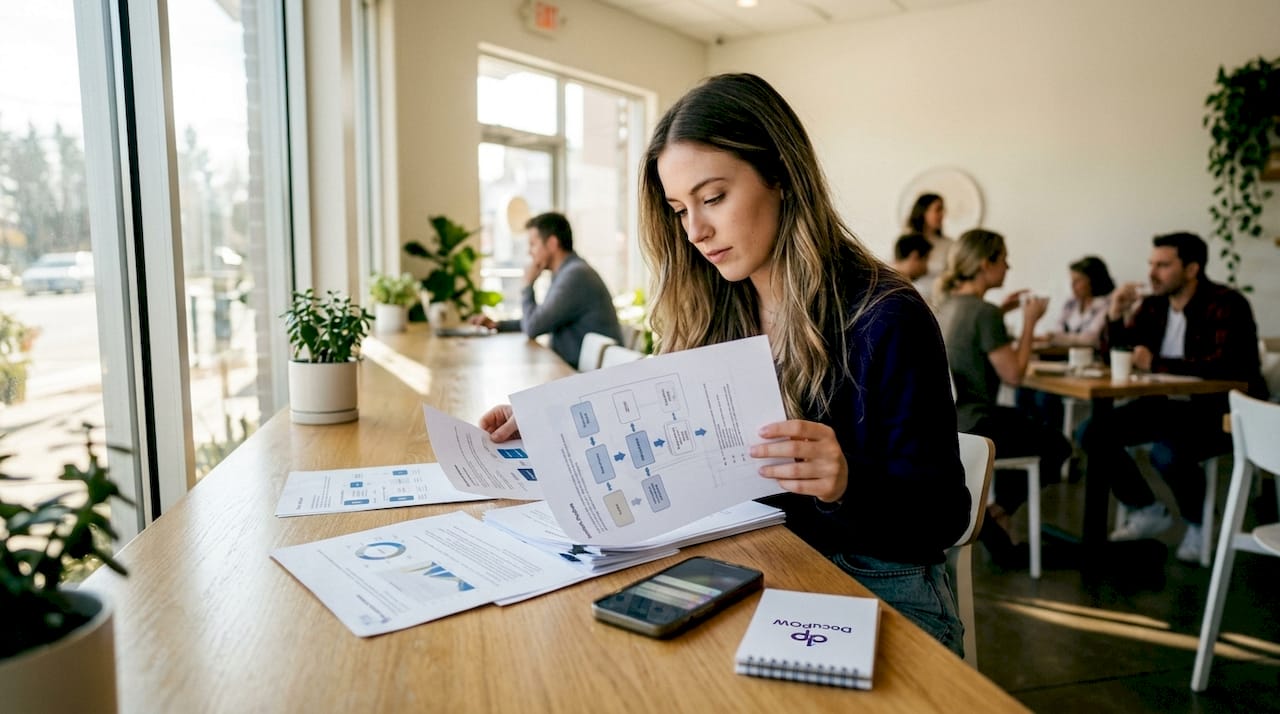 Close-up of hands typing next to document AI metrics printouts