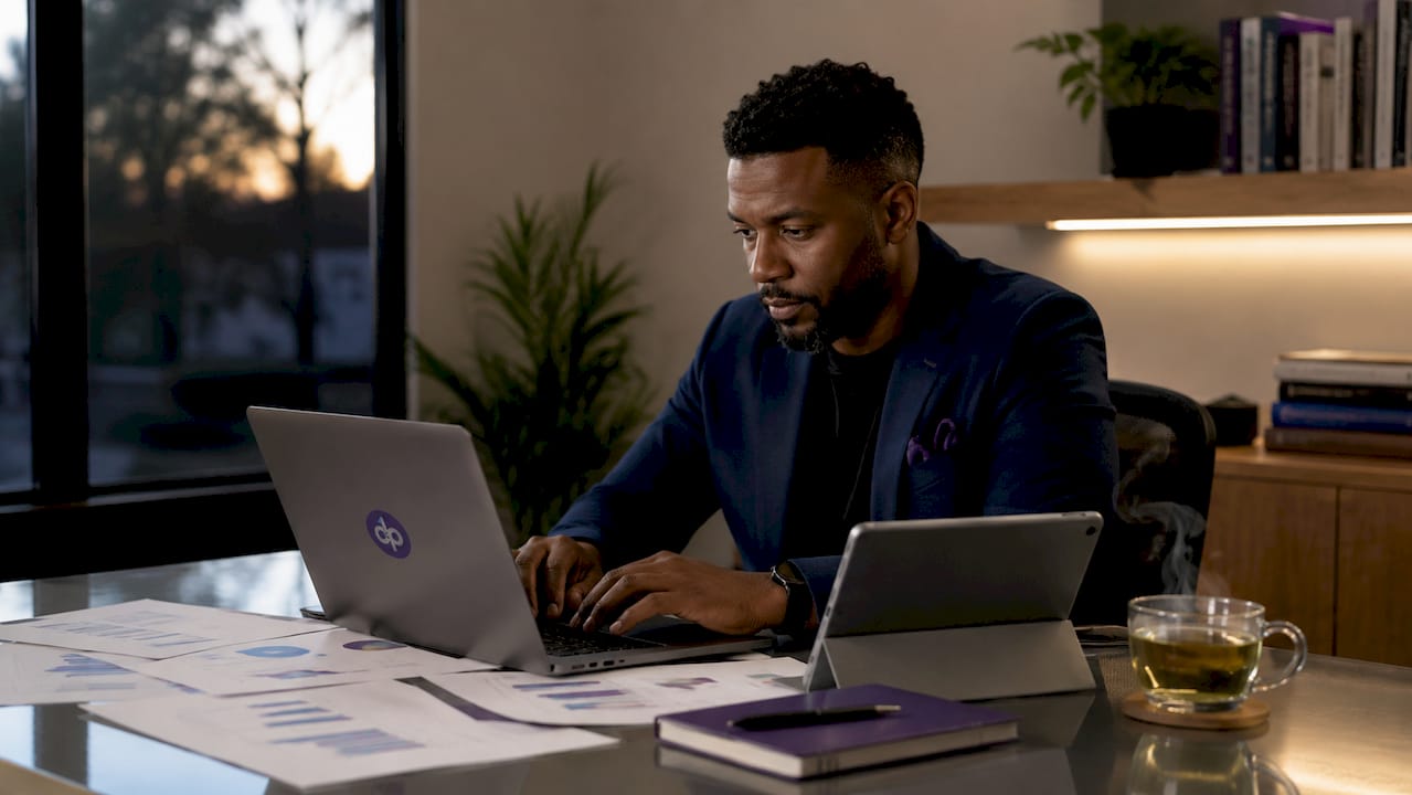 Hands typing on laptop in data-focused workspace