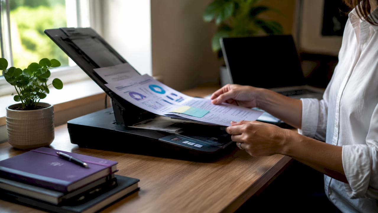 Hands loading documents into scanner for data extraction