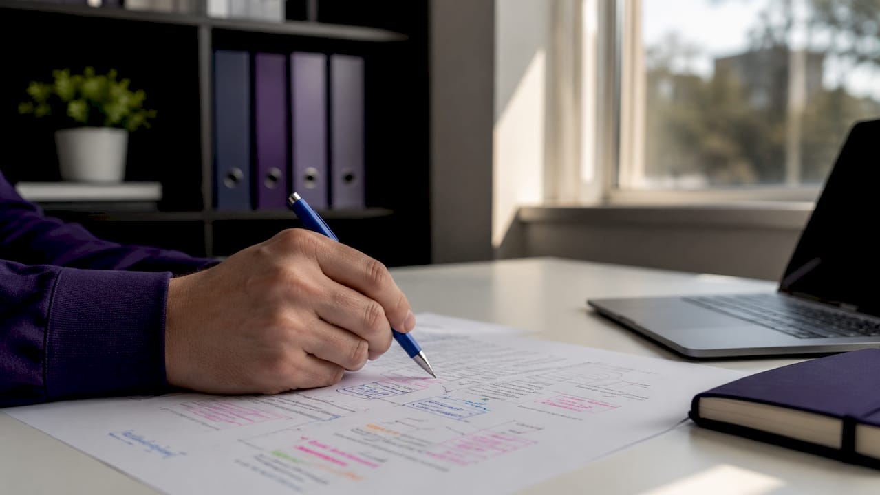 Hands annotating AI document workflow printout
