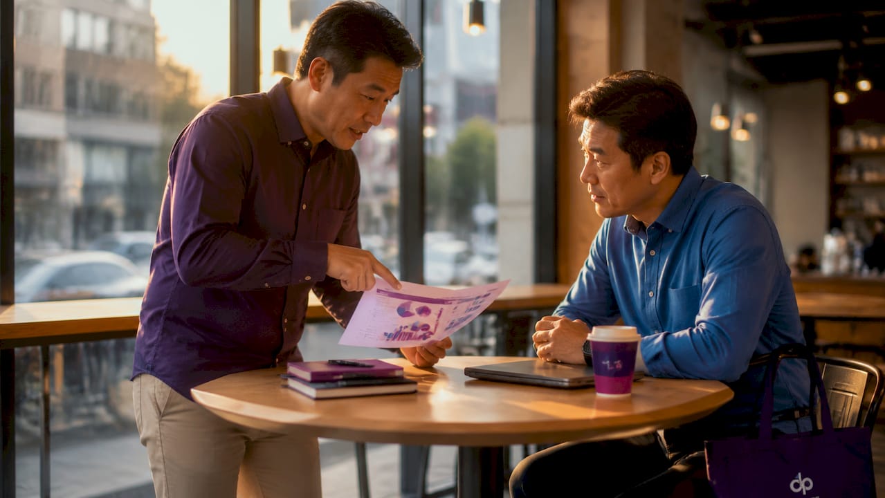Team discussing data flow diagram in office