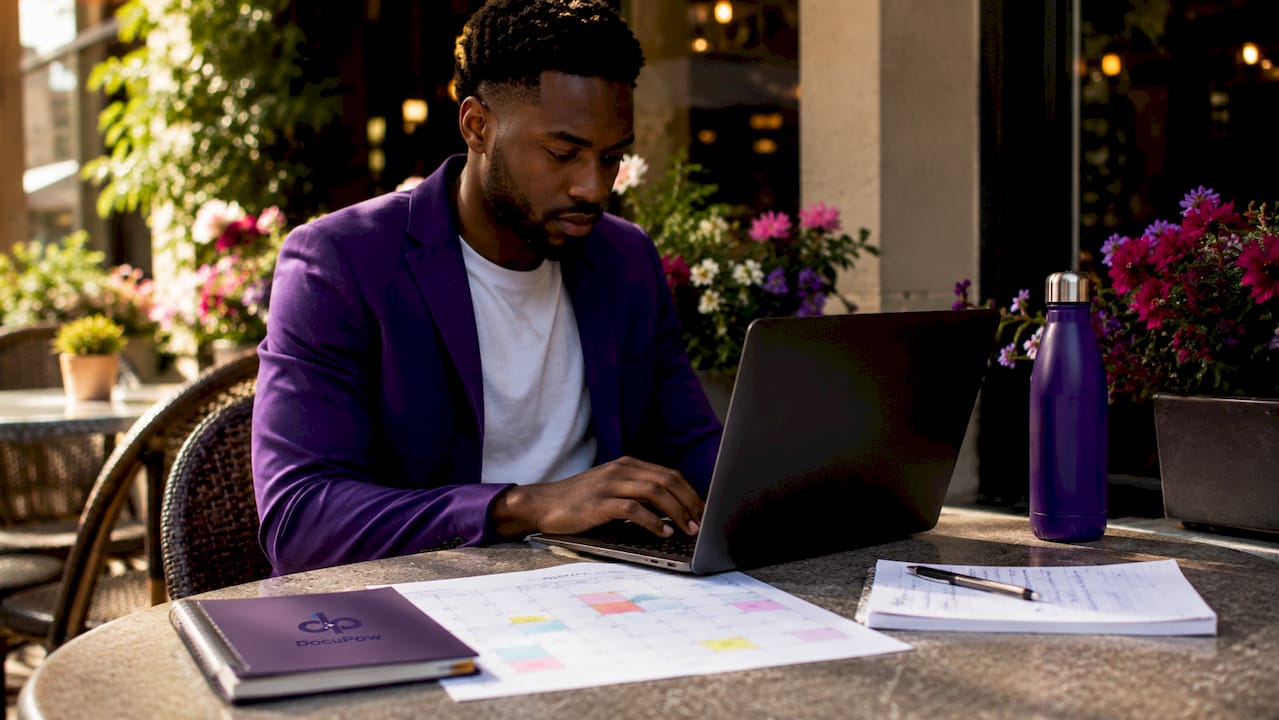 Man managing schedule with AI assistant at coworking space