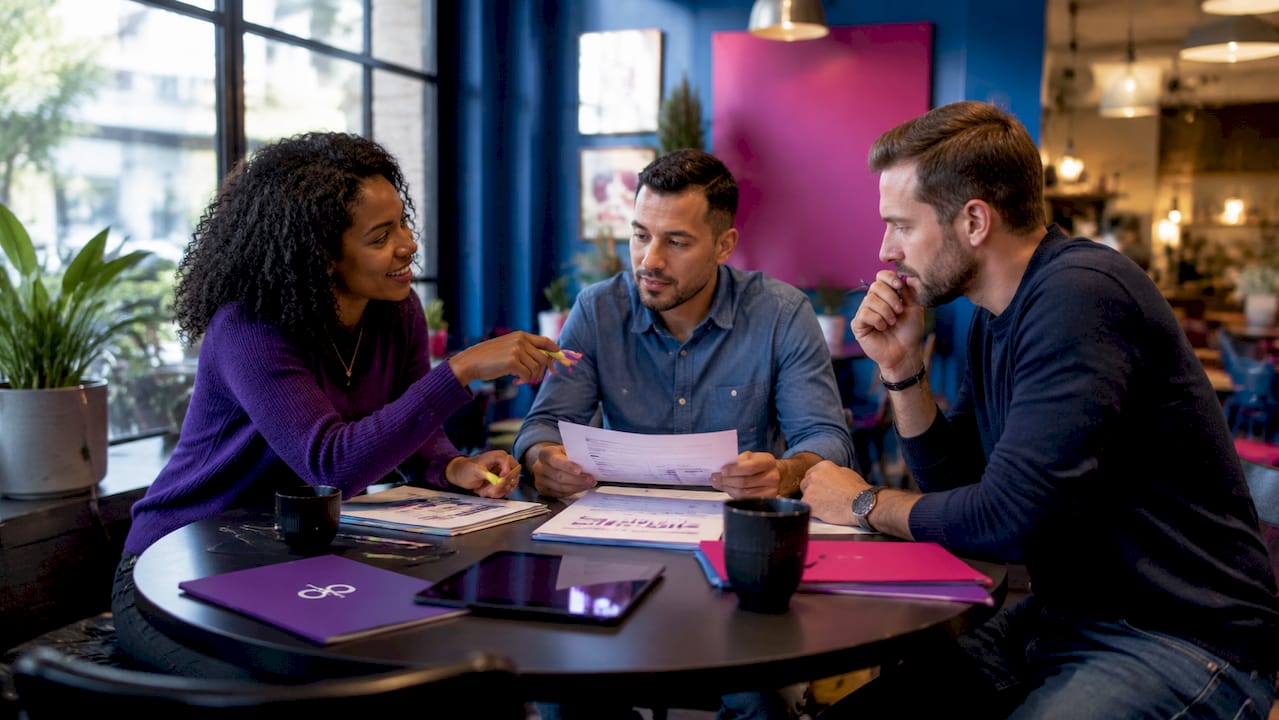 Team discussing job cost reporting workflows in meeting room