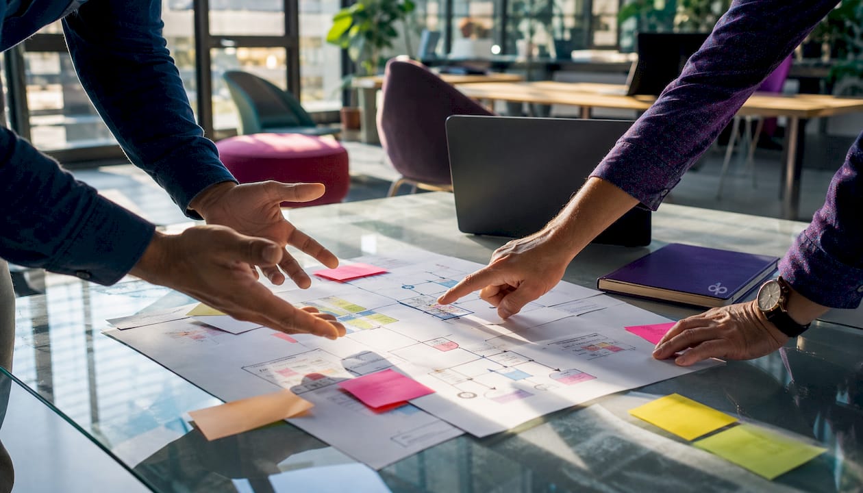 Colleagues discussing layered AI workflow designs